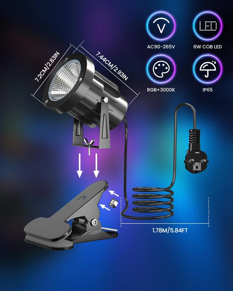 6W RGB LED Klemmspot mit Fernbedienung, 15 RGB-Lichter + Warmweiß 3000K, IP65 Wasserfester für Innen und Außen, Klemmlampe Strahler mit 1,78m Kabel und Stecker