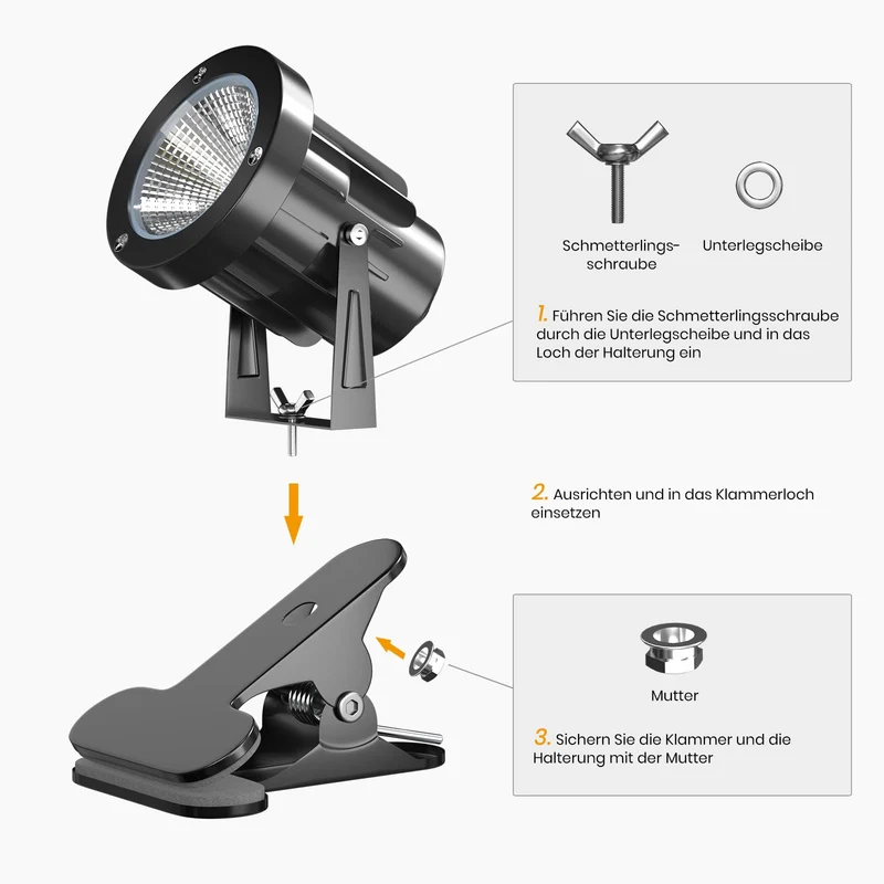 6W RGB LED Klemmspot mit Fernbedienung, 15 RGB-Lichter + Warmweiß 3000K, IP65 Wasserfester für Innen und Außen, Klemmlampe Strahler mit 1,78m Kabel und Stecker