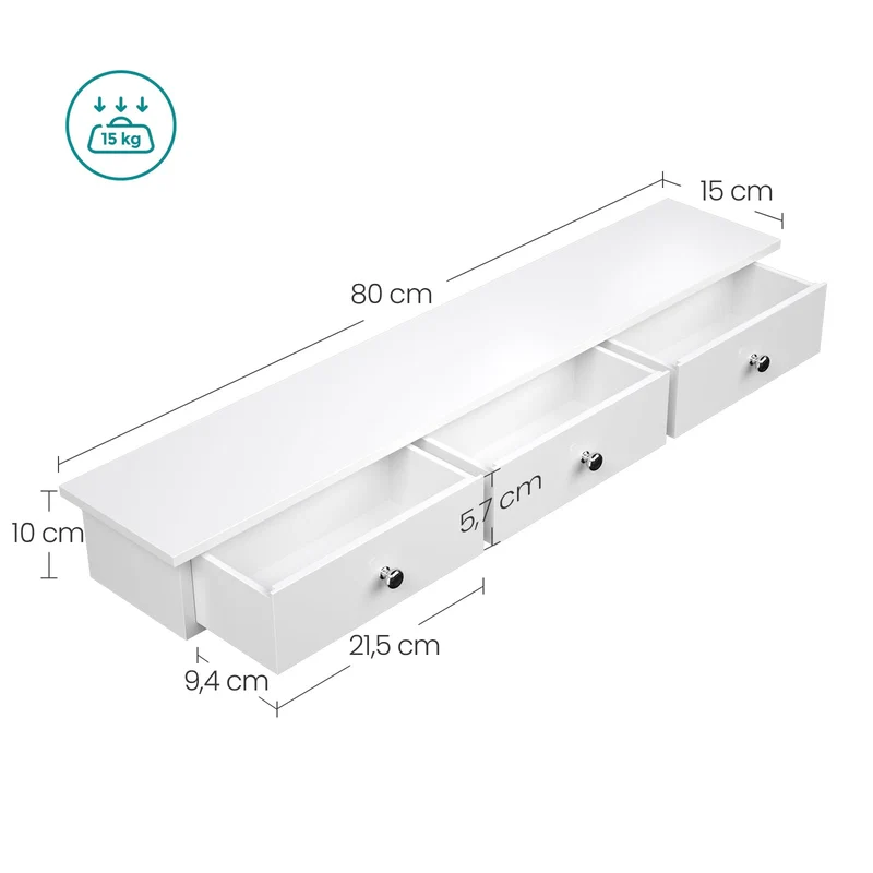 SONGMICS Wandregal mit 3 Schubladen, 15 x 80 x 10 cm, bis 15 kg belastbar