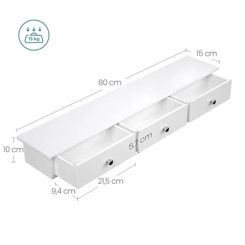 SONGMICS Wandregal mit 3 Schubladen, 15 x 80 x 10 cm, bis 15 kg belastbar