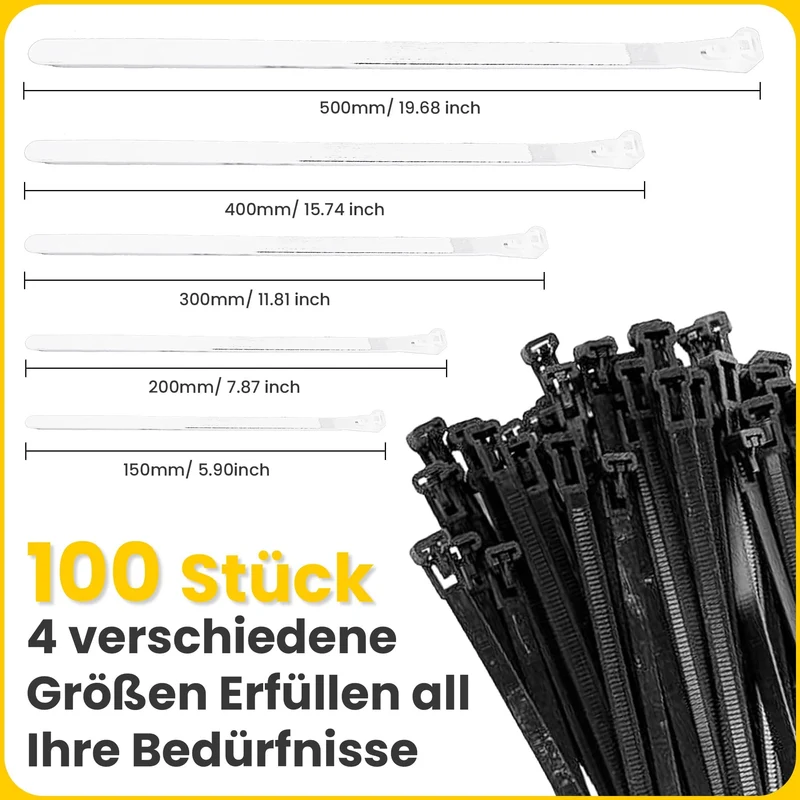 Offgridtec 100 Stk. wiederverschließbare Kabelbinder 7,6×300 mm (schwarz)