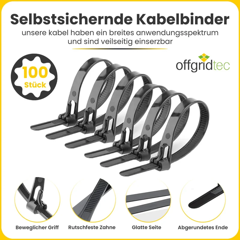 Offgridtec 100 Stk. wiederverschließbare Kabelbinder 7,6×300 mm (schwarz)