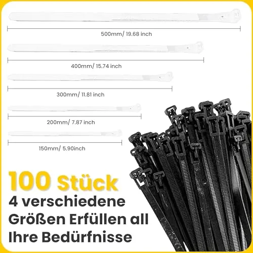 Offgridtec 100 Stk. wiederverschließbare Kabelbinder 7,6×300 mm (schwarz)