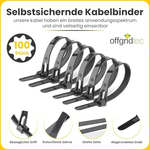 Offgridtec 100 Stk. wiederverschließbare Kabelbinder 7,6×300 mm (schwarz)