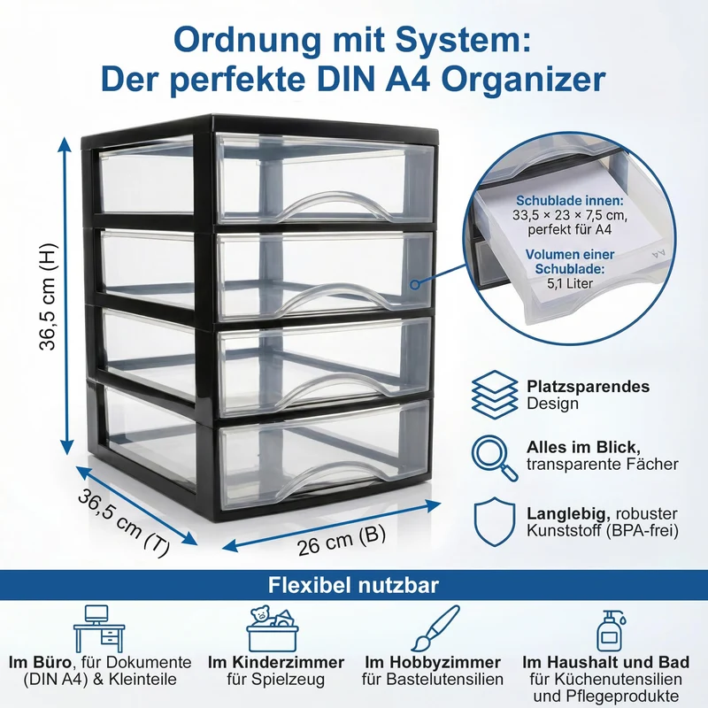 Hausfelder Schubladenbox A4, 4 Schubladen, 36,5x26x36,5cm
