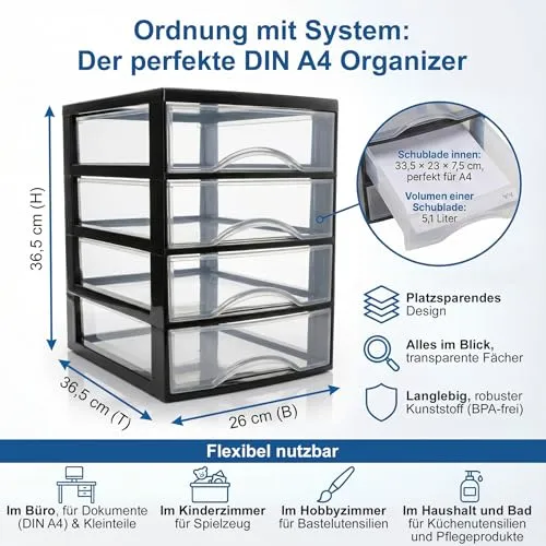 Hausfelder Schubladenbox A4, 4 Schubladen, 36,5x26x36,5cm