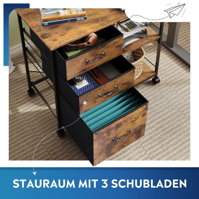DEVAISE Rollcontainer mit 3 Schubladen und offenen Ablagen, Mobiler Aktenschrank mit Rollen, Druckertisch für DIN A4/Legal/Letter, Schubladenschrank für Büro und Home Office, Retro Braun