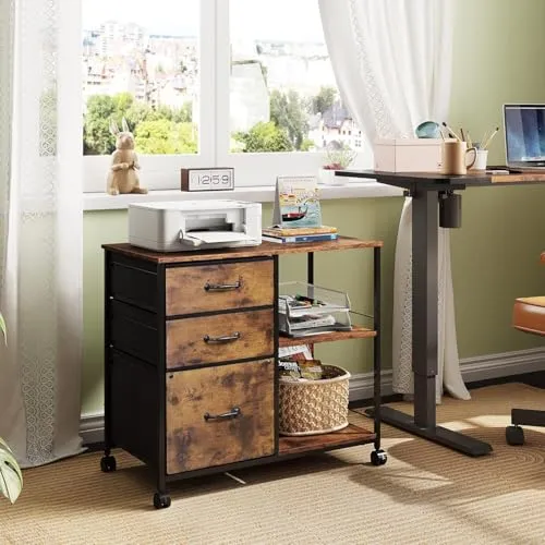 DEVAISE Rollcontainer mit 3 Schubladen und offenen Ablagen, Mobiler Aktenschrank mit Rollen, Druckertisch für DIN A4/Legal/Letter, Schubladenschrank für Büro und Home Office, Retro Braun