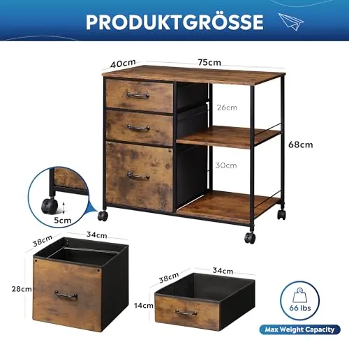 DEVAISE Rollcontainer mit 3 Schubladen und offenen Ablagen, Mobiler Aktenschrank mit Rollen, Druckertisch für DIN A4/Legal/Letter, Schubladenschrank für Büro und Home Office, Retro Braun