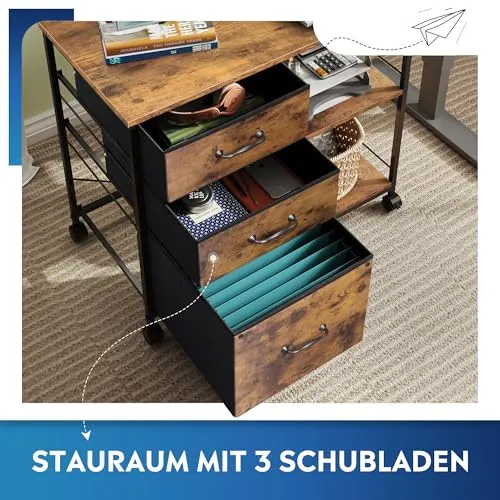 DEVAISE Rollcontainer mit 3 Schubladen und offenen Ablagen, Mobiler Aktenschrank mit Rollen, Druckertisch für DIN A4/Legal/Letter, Schubladenschrank für Büro und Home Office, Retro Braun