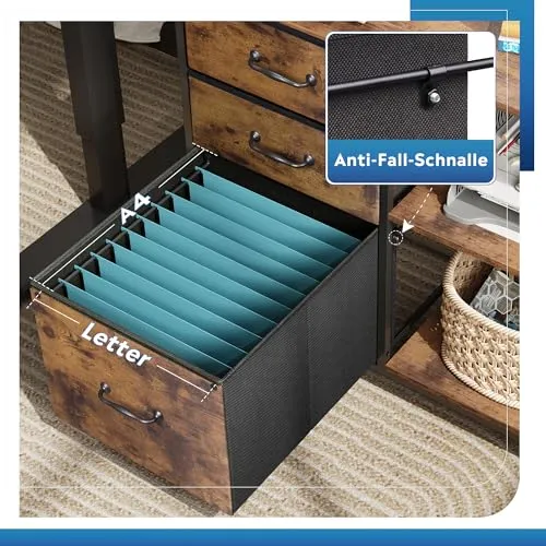 DEVAISE Rollcontainer mit 3 Schubladen und offenen Ablagen, Mobiler Aktenschrank mit Rollen, Druckertisch für DIN A4/Legal/Letter, Schubladenschrank für Büro und Home Office, Retro Braun