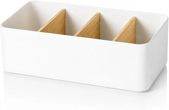 Schreibtisch Organizer Holz, Multifunktionaler Büro Organizer Tisch, 4 Fächer Bambus Büro Organizer, für Stifte Kosmetika und Fernbedienung (Weiß)