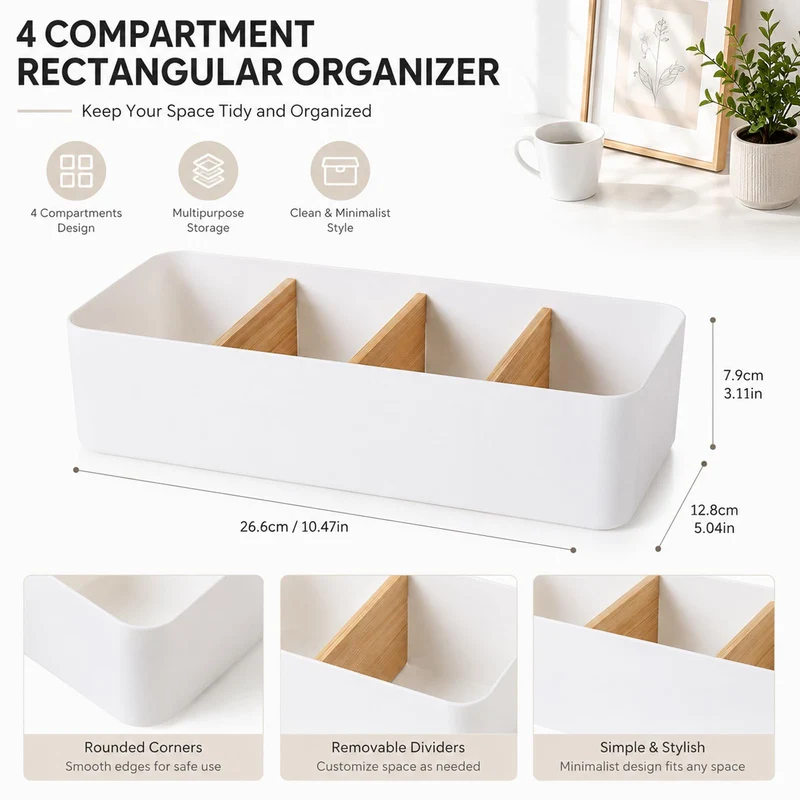 Schreibtisch Organizer Holz, Multifunktionaler Büro Organizer Tisch, 4 Fächer Bambus Büro Organizer, für Stifte Kosmetika und Fernbedienung (Weiß)