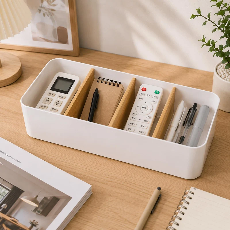 Schreibtisch Organizer Holz, Multifunktionaler Büro Organizer Tisch, 4 Fächer Bambus Büro Organizer, für Stifte Kosmetika und Fernbedienung (Weiß)