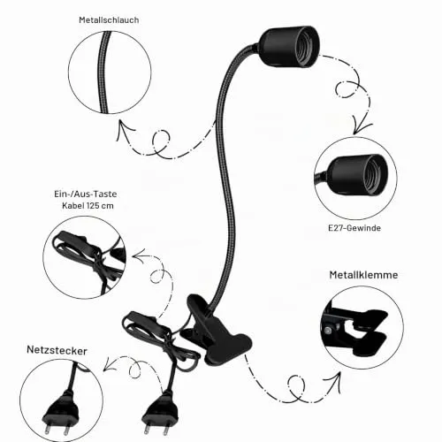 Nizirioo E27 Lampenfassung mit Clip: 2 Stück E27 Klemmleuchte 360° Verstellbarer Schwanenhals, E27 klemmleuchte Langes Kabel mit Schalter und Stecker, Schwarz (Ohne Glühbirne)