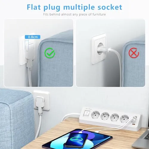 4 Fach Ecksteckdose Flachstecker mit USB C(PD 20W)