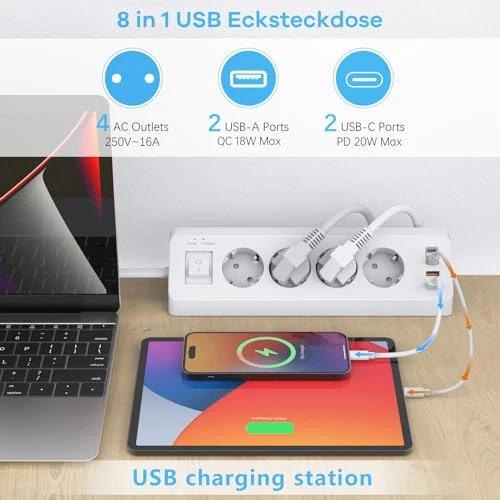 4 Fach Ecksteckdose Flachstecker mit USB C(PD 20W)