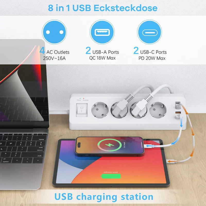 4 Fach Ecksteckdose Flachstecker mit USB C(PD 20W)