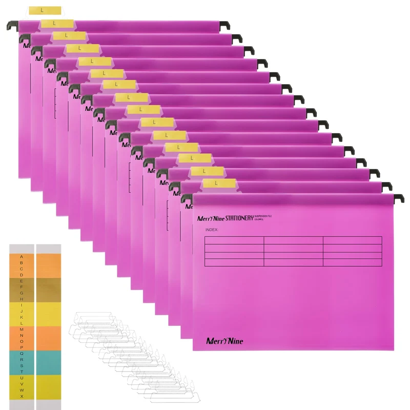 MerryNine A4-Hängemappen, Polypropylen, mit Registerkarten und Karteneinsätzen, für Schule, Zuhause, Arbeit, Büro, Organisation, 15 Stück (Rosa)