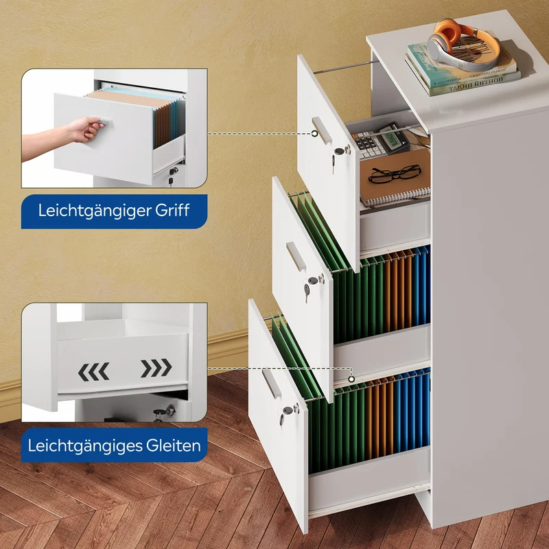 DEVAISE Rollcontainer abschließbar mit 3 Schubladen und offenen Fächern, Schreibtisch Schrank für Büro, Home Office, Rollcontainer Weiß für DIN A4/Legal/Letter