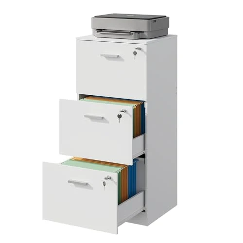 DEVAISE Rollcontainer abschließbar mit 3 Schubladen und offenen Fächern, Schreibtisch Schrank für Büro, Home Office, Rollcontainer Weiß für DIN A4/Legal/Letter