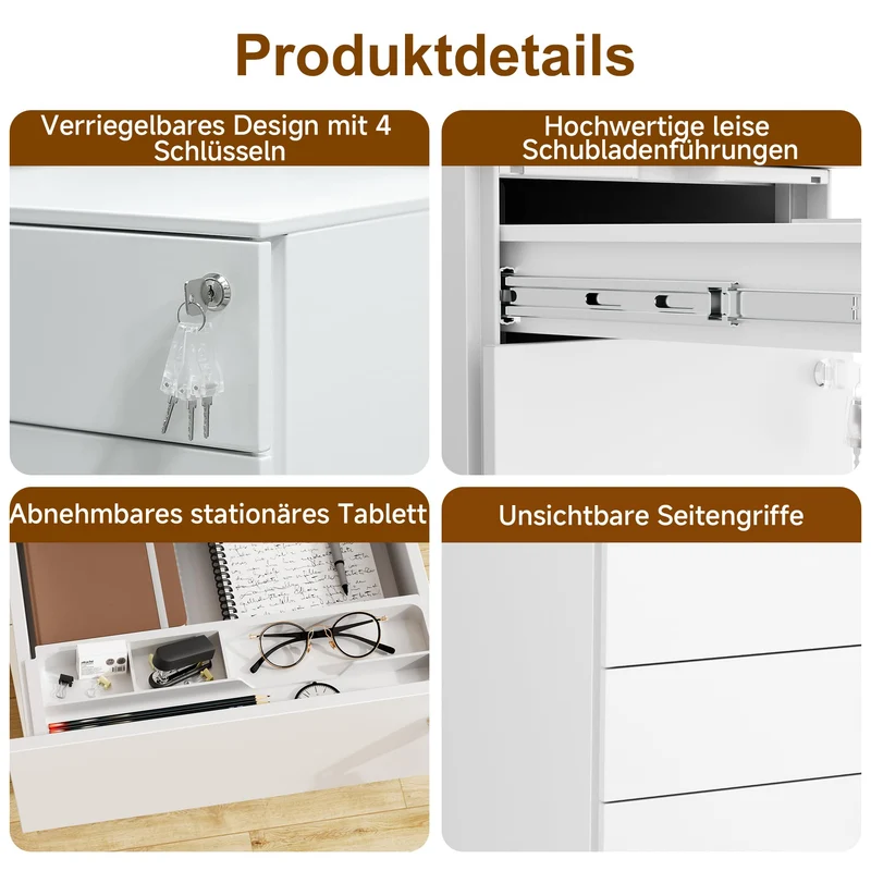 Rollcontainer, Mobiler Aktenschrank mit 3 Schubladen,Weiß