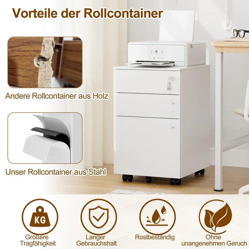 Rollcontainer, Mobiler Aktenschrank mit 3 Schubladen,Weiß