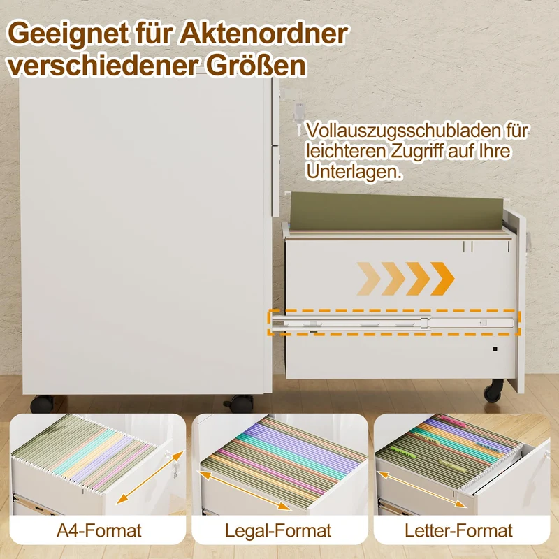Rollcontainer, Mobiler Aktenschrank mit 3 Schubladen,Weiß