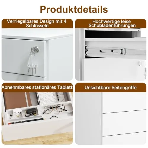 Rollcontainer, Mobiler Aktenschrank mit 3 Schubladen,Weiß