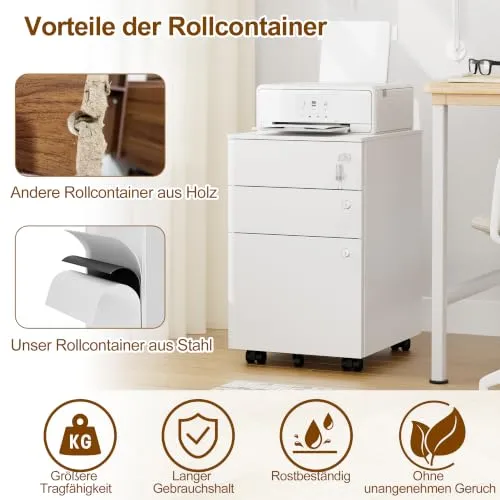 Rollcontainer, Mobiler Aktenschrank mit 3 Schubladen,Weiß