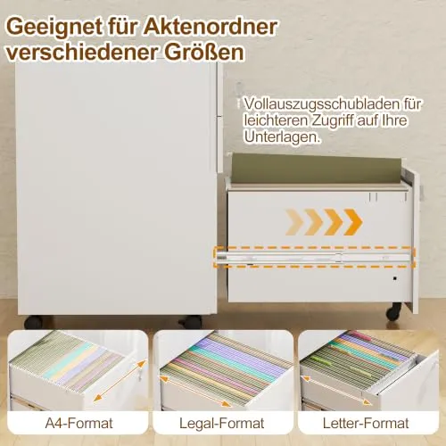 Rollcontainer, Mobiler Aktenschrank mit 3 Schubladen,Weiß