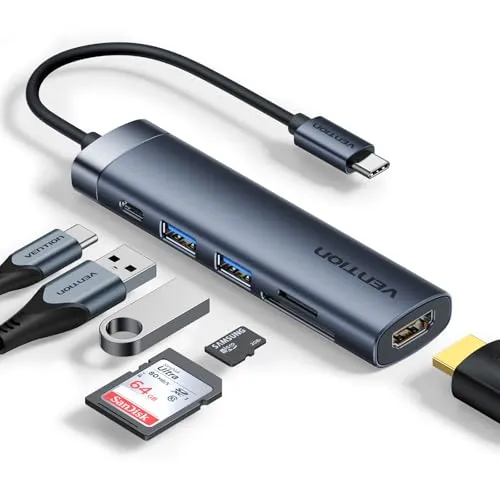 VENTION USB C Hub PD 100W, 6 in 1 Docking Station, 4K HDMI, USB A 3.0 * 2 Datenports, SD/Micro SD Kartenleser USB C Multiport Adapter, Kompatibel für MacBook Pro, Air/Dell/Lenovo/HP, Gray