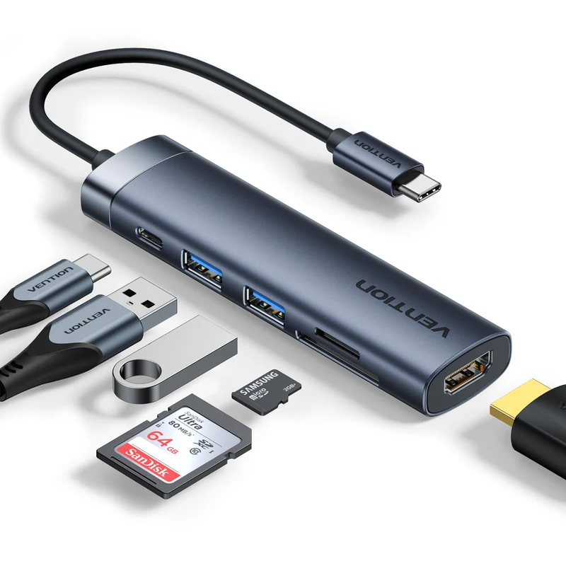 VENTION USB C Hub PD 100W, 6 in 1 Docking Station, 4K HDMI, USB A 3.0 * 2 Datenports, SD/Micro SD Kartenleser USB C Multiport Adapter, Kompatibel für MacBook Pro, Air/Dell/Lenovo/HP, Gray