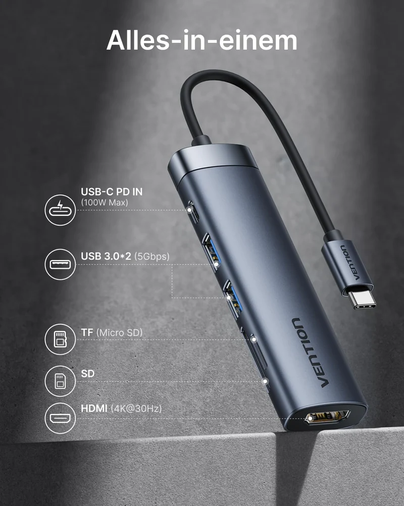 VENTION USB C Hub PD 100W, 6 in 1 Docking Station, 4K HDMI, USB A 3.0 * 2 Datenports, SD/Micro SD Kartenleser USB C Multiport Adapter, Kompatibel für MacBook Pro, Air/Dell/Lenovo/HP, Gray