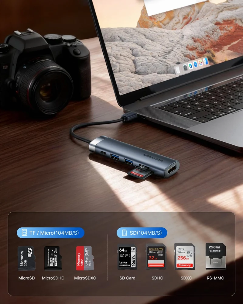 VENTION USB C Hub PD 100W, 6 in 1 Docking Station, 4K HDMI, USB A 3.0 * 2 Datenports, SD/Micro SD Kartenleser USB C Multiport Adapter, Kompatibel für MacBook Pro, Air/Dell/Lenovo/HP, Gray