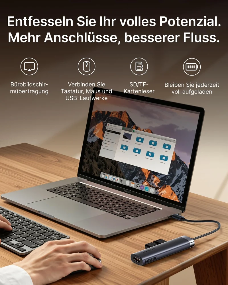 VENTION USB C Hub PD 100W, 6 in 1 Docking Station, 4K HDMI, USB A 3.0 * 2 Datenports, SD/Micro SD Kartenleser USB C Multiport Adapter, Kompatibel für MacBook Pro, Air/Dell/Lenovo/HP, Gray