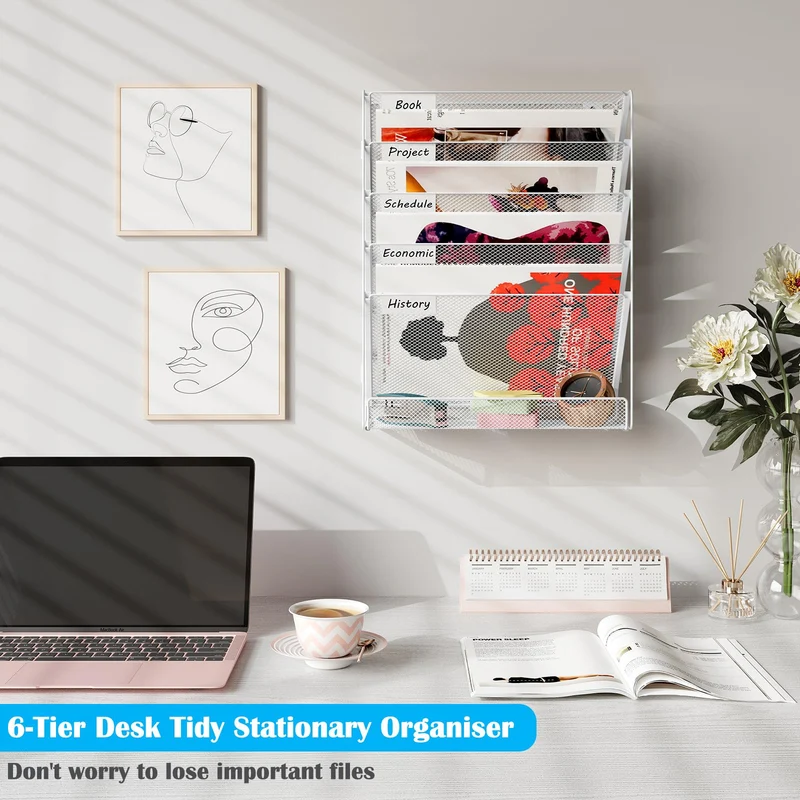 TQVAI Schreibtisch Organizer, 6 Fächer Zeitschriftenhalter Wand Metall Dokumenten Organizer Papier A4 Flyerhalter Postsortierer Dokumentenablage für Büro Zuhause Schule, Weiß