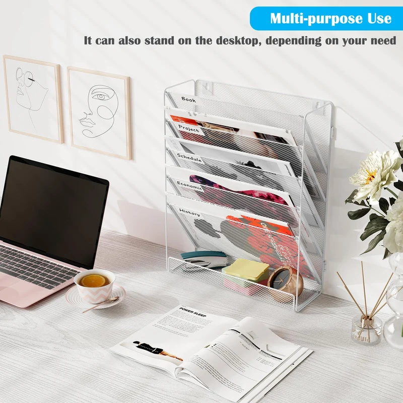 TQVAI Schreibtisch Organizer, 6 Fächer Zeitschriftenhalter Wand Metall Dokumenten Organizer Papier A4 Flyerhalter Postsortierer Dokumentenablage für Büro Zuhause Schule, Weiß