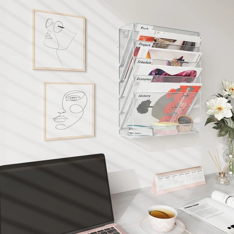 TQVAI Schreibtisch Organizer, 6 Fächer Zeitschriftenhalter Wand Metall Dokumenten Organizer Papier A4 Flyerhalter Postsortierer Dokumentenablage für Büro Zuhause Schule, Weiß