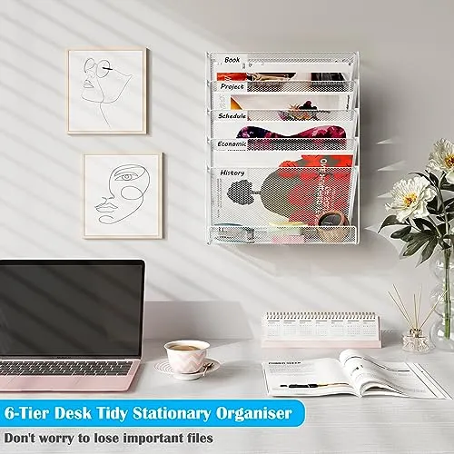 TQVAI Schreibtisch Organizer, 6 Fächer Zeitschriftenhalter Wand Metall Dokumenten Organizer Papier A4 Flyerhalter Postsortierer Dokumentenablage für Büro Zuhause Schule, Weiß