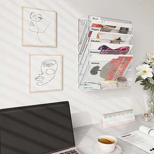 TQVAI Schreibtisch Organizer, 6 Fächer Zeitschriftenhalter Wand Metall Dokumenten Organizer Papier A4 Flyerhalter Postsortierer Dokumentenablage für Büro Zuhause Schule, Weiß