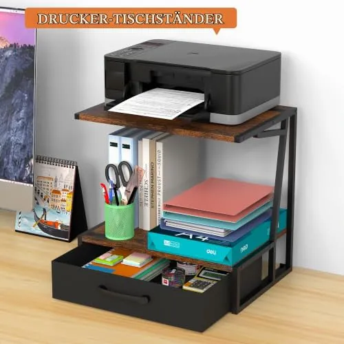 Alyoen Schreibtischdruckerständer mit Stoffschublade und offenem Regal, Druckertisch mit Stauraum für Heimbüro, 3D-Drucker, Faxgerät, Scanner, 2-stöckiger