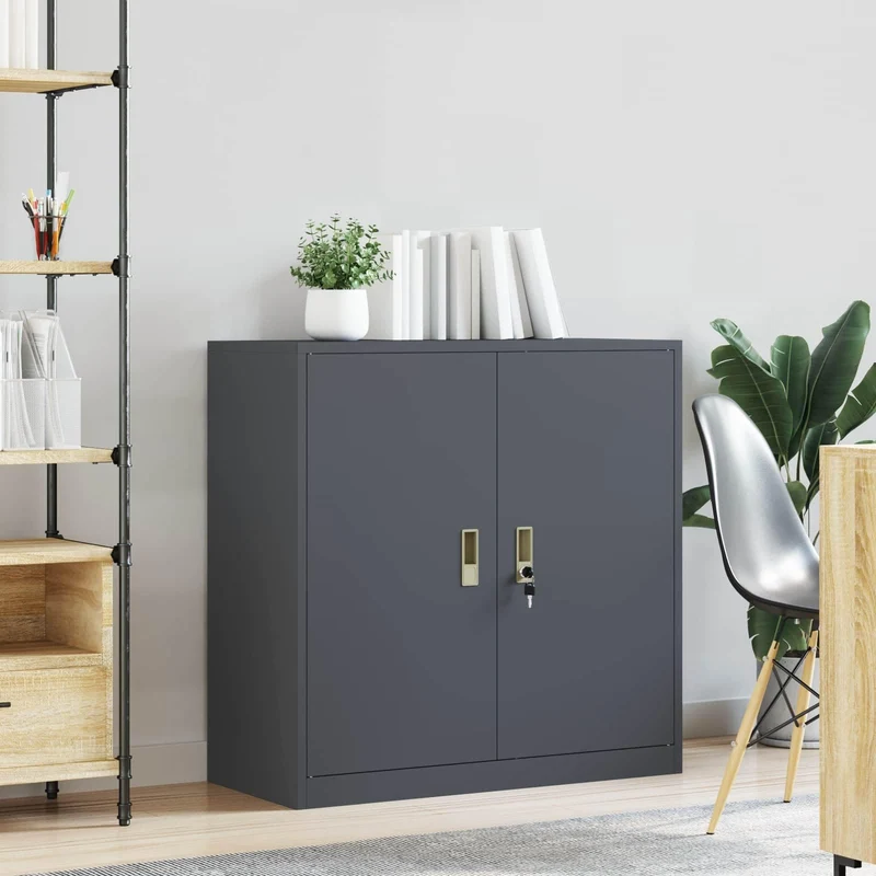 Aufbewahrungsschrank Anthrazit aus Stahl 90 x 40 x 90 cm mit abschließbaren Türen, vielseitiger Büroschrank für Homeoffice und Arbeitszimmer