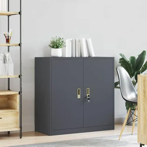 Aufbewahrungsschrank Anthrazit aus Stahl 90 x 40 x 90 cm mit abschließbaren Türen, vielseitiger Büroschrank für Homeoffice und Arbeitszimmer