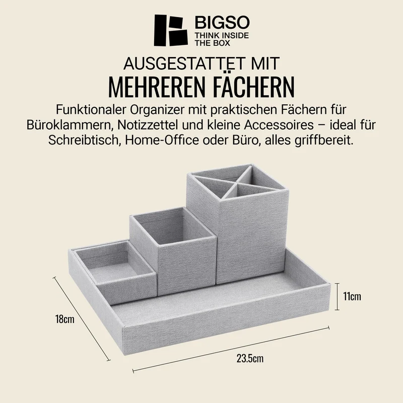 BIGSO BOX OF SWEDEN LENA Schreibtisch Organizer für Stifte, Büroklammern, Haftnotizen usw. – Sortierkasten mit 4 Fächern – Ordnungssystem aus Faserplatte und Papier in Leinenoptik – hellgrau