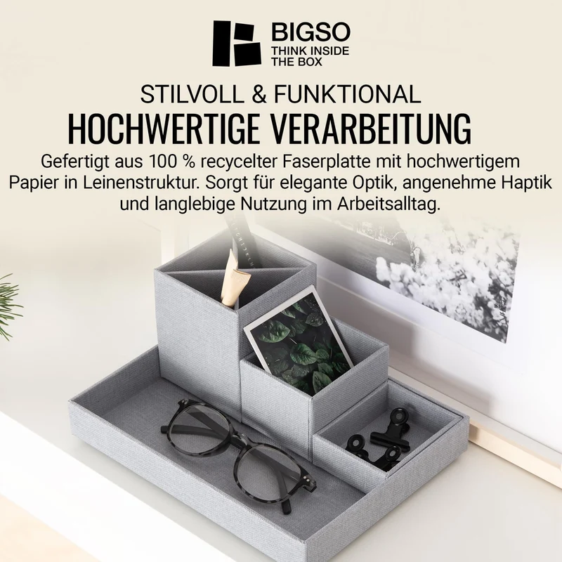 BIGSO BOX OF SWEDEN LENA Schreibtisch Organizer für Stifte, Büroklammern, Haftnotizen usw. – Sortierkasten mit 4 Fächern – Ordnungssystem aus Faserplatte und Papier in Leinenoptik – hellgrau