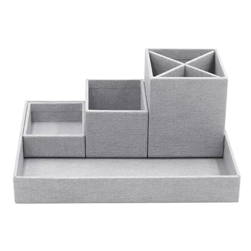 BIGSO BOX OF SWEDEN LENA Schreibtisch Organizer für Stifte, Büroklammern, Haftnotizen usw. – Sortierkasten mit 4 Fächern – Ordnungssystem aus Faserplatte und Papier in Leinenoptik – hellgrau