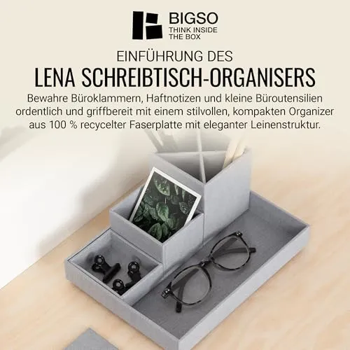 BIGSO BOX OF SWEDEN LENA Schreibtisch Organizer für Stifte, Büroklammern, Haftnotizen usw. – Sortierkasten mit 4 Fächern – Ordnungssystem aus Faserplatte und Papier in Leinenoptik – hellgrau