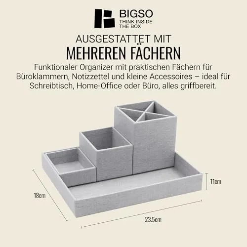 BIGSO BOX OF SWEDEN LENA Schreibtisch Organizer für Stifte, Büroklammern, Haftnotizen usw. – Sortierkasten mit 4 Fächern – Ordnungssystem aus Faserplatte und Papier in Leinenoptik – hellgrau