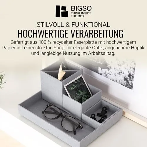 BIGSO BOX OF SWEDEN LENA Schreibtisch Organizer für Stifte, Büroklammern, Haftnotizen usw. – Sortierkasten mit 4 Fächern – Ordnungssystem aus Faserplatte und Papier in Leinenoptik – hellgrau